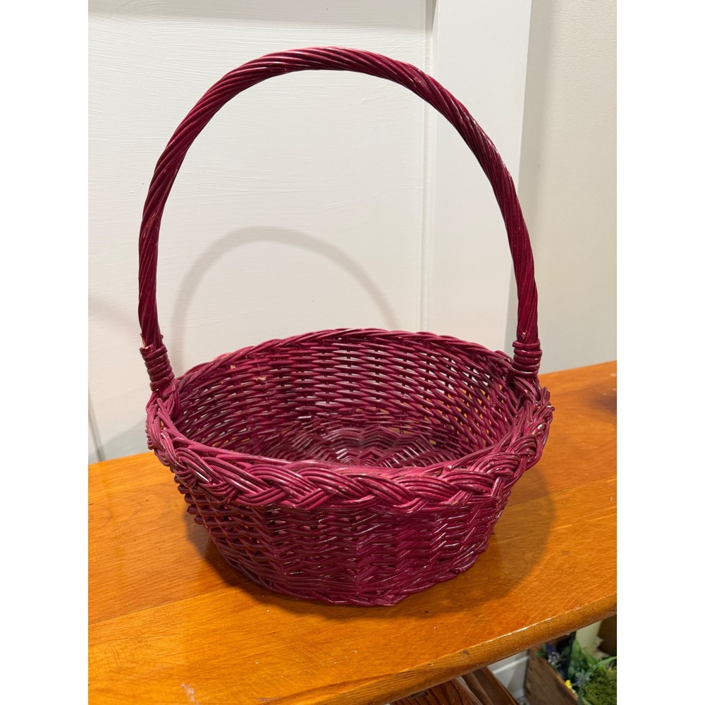 Magenta Pink Wicker Basket Round Handled Decorative Storage Gift Hamper 11in